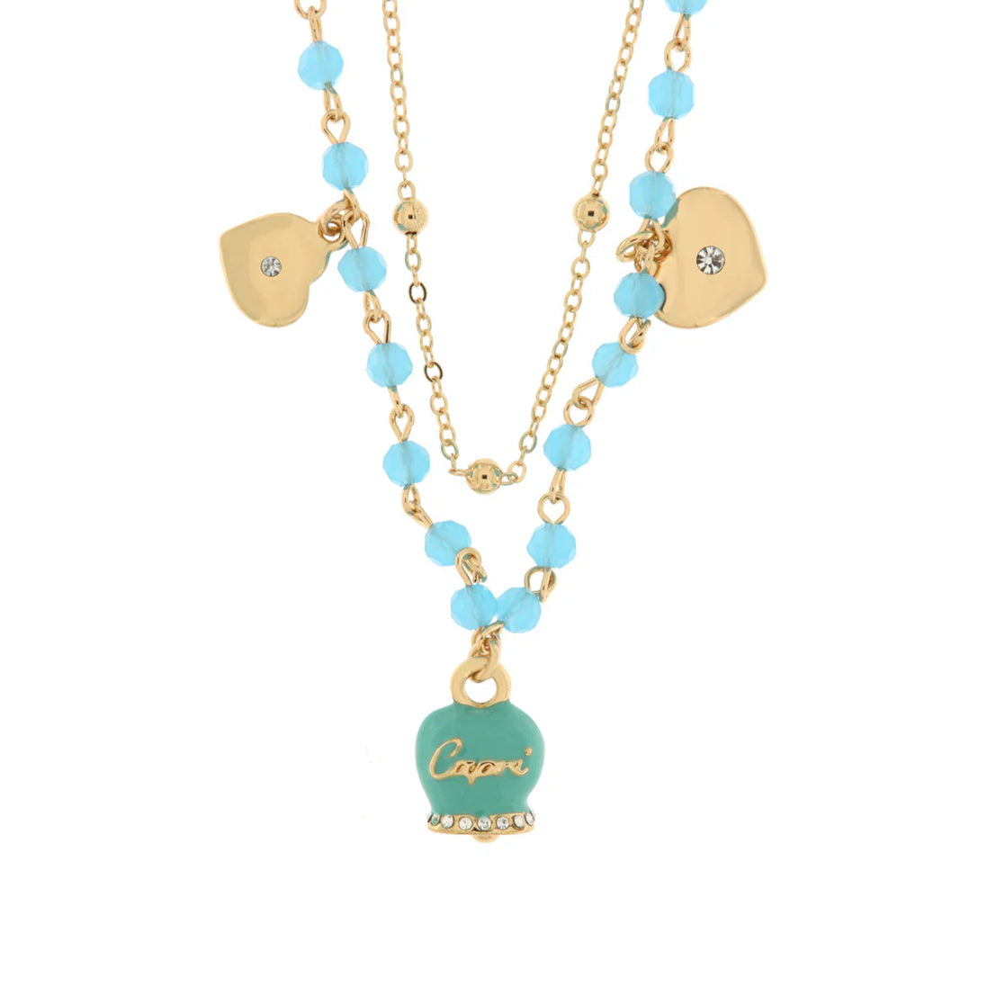 Amo Capri - Collana in Metallo con campana smaltata turchese e cuoricini pendenti