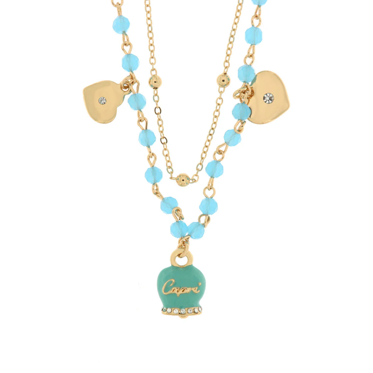 Amo Capri - Collana in Metallo con campana smaltata turchese e cuoricini pendenti