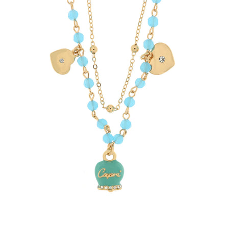 Amo Capri - Collana in Metallo con campana smaltata turchese e cuoricini pendenti