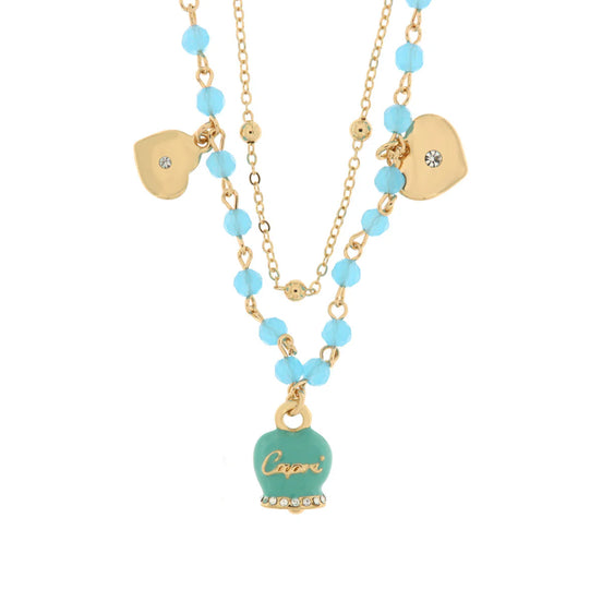 Amo Capri - Collana in Metallo con campana smaltata turchese e cuoricini pendenti