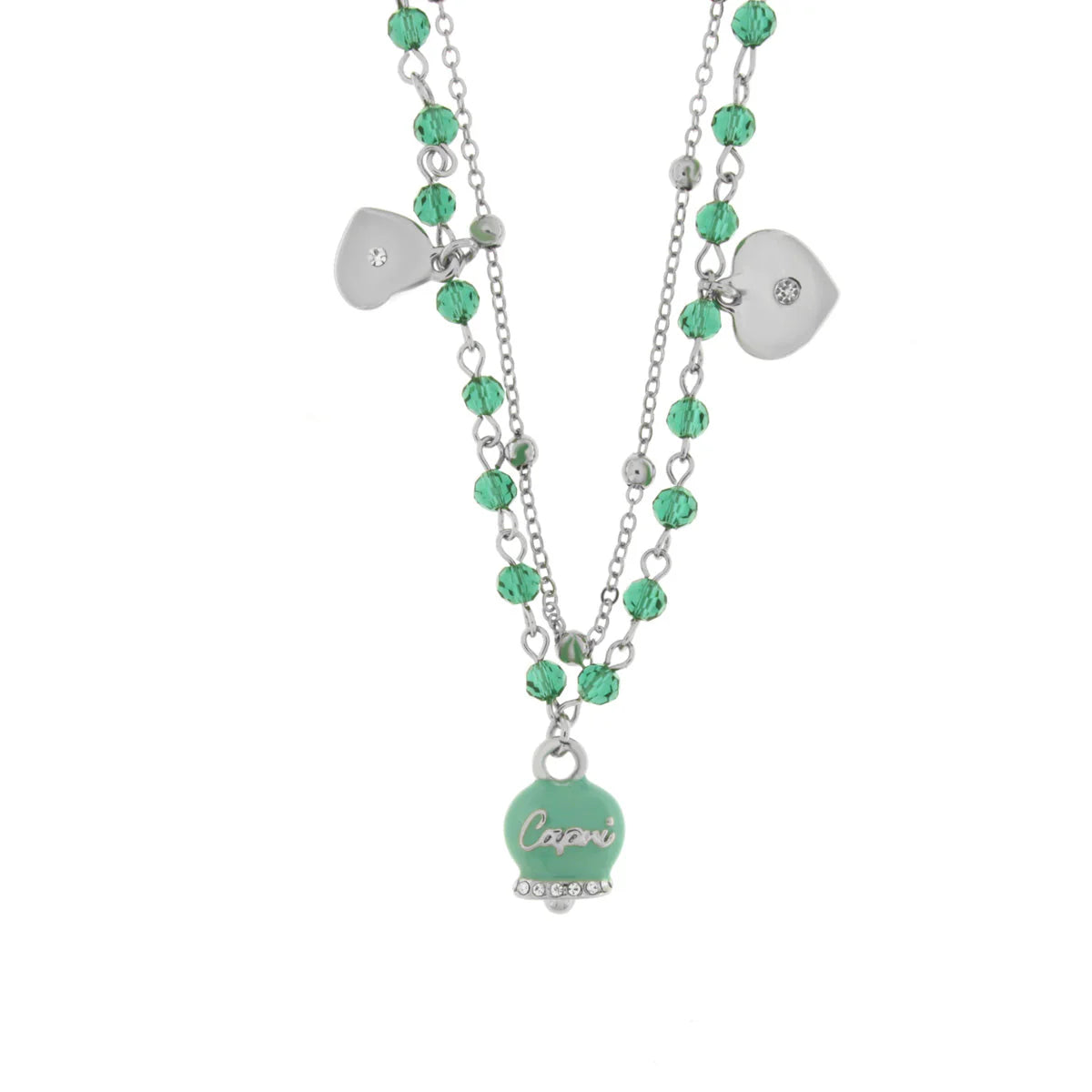 AMO CAPRI - Collana in Metallo multifilo con campanella e pietre verde marino