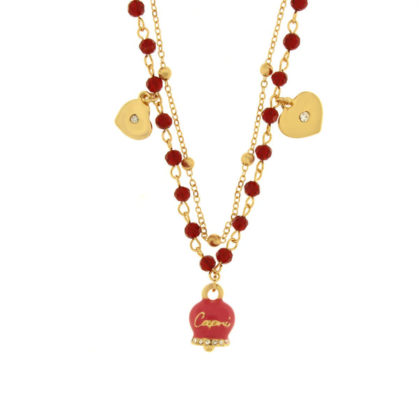 Amo Capri - Collana in Metallo multifilo con campanella fucsia e pietre rosse