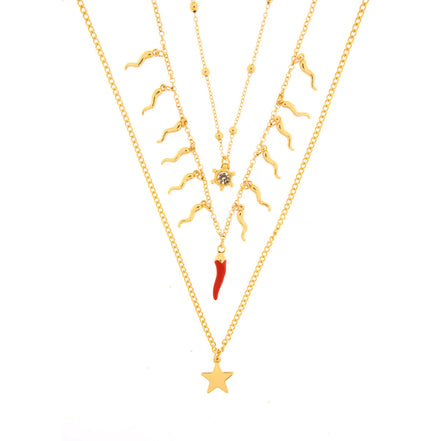 AMO NAPOLI - Collana in Metallo pendenti cornetti rossi e stella