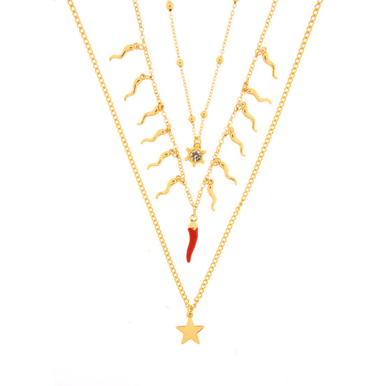 AMO NAPOLI - Collana in Metallo pendenti cornetti rossi e stella