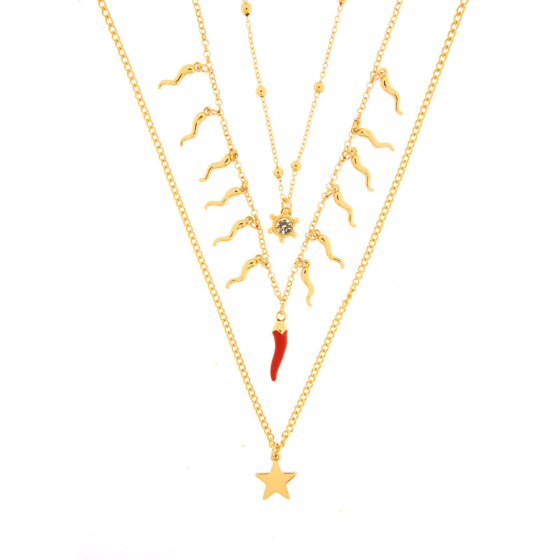 AMO NAPOLI - Collana in Metallo pendenti cornetti rossi e stella