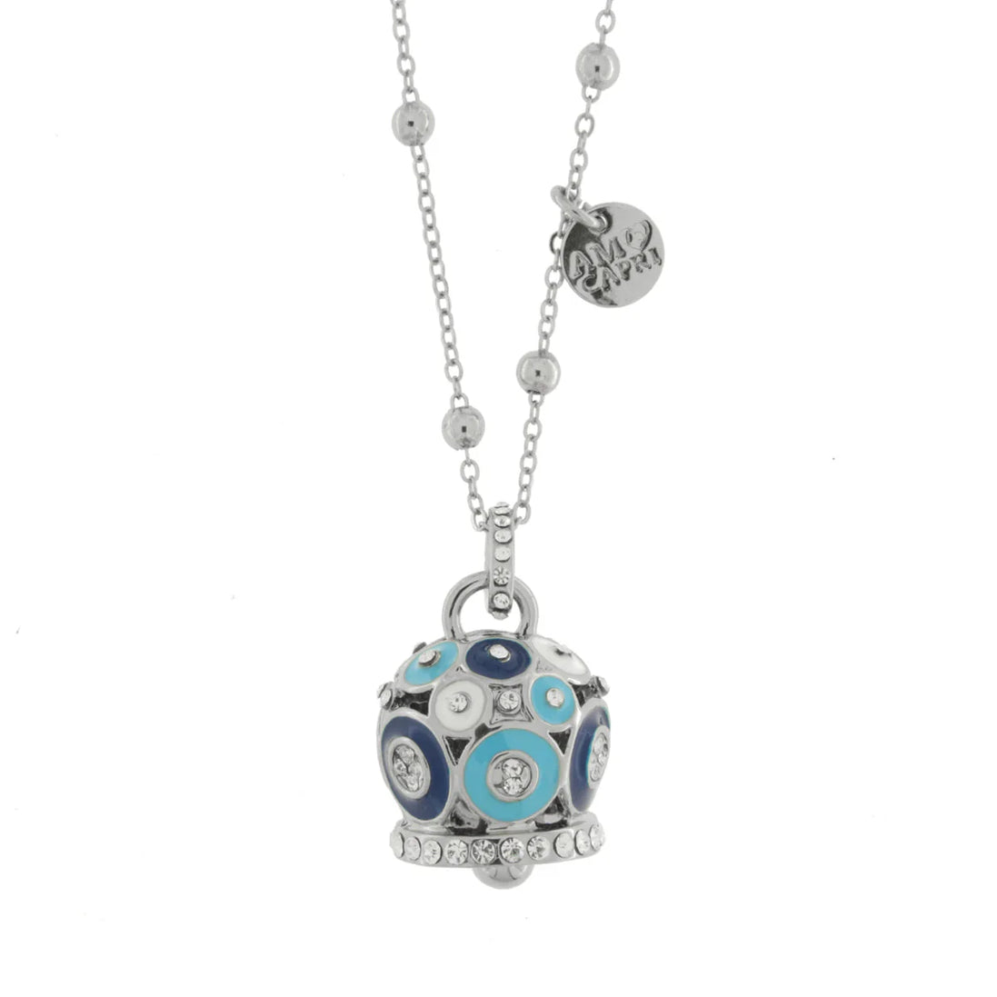 AMO CAPRI - Collana in Metallo con campana a pois blu e azzurro e zirconi grande