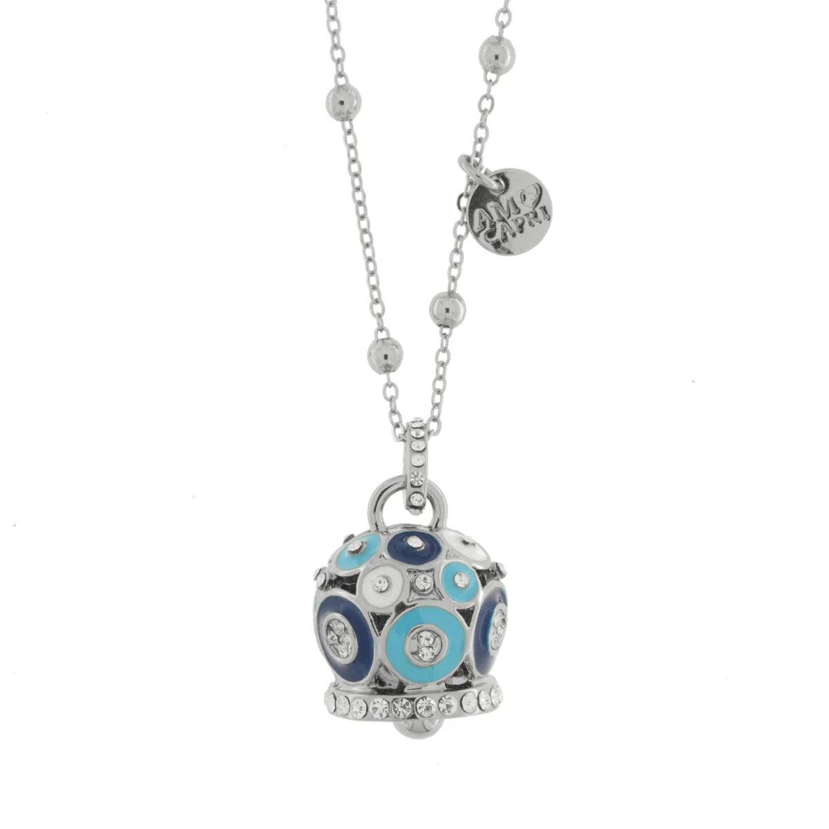 AMO CAPRI - Collana in Metallo con campana a pois blu e azzurro e zirconi grande