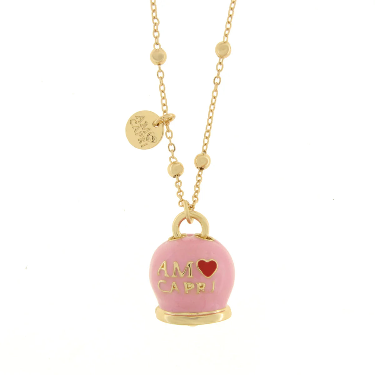 Amo Capri - Collana in Metallo con campana rosa e scritta Capri