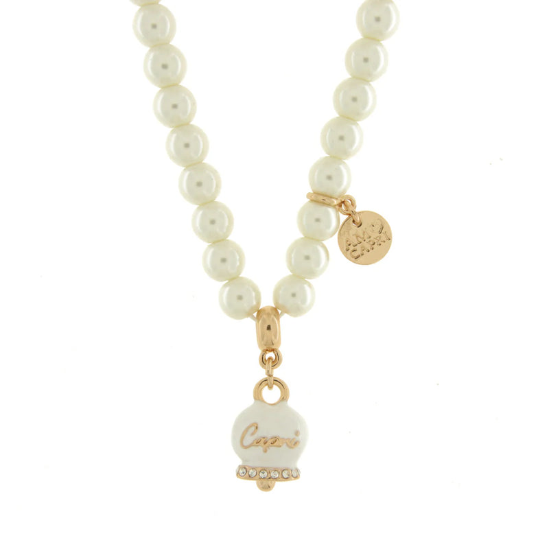 AMO CAPRI - Collana in Metallo con perle e campanella bianca con scritta Capri