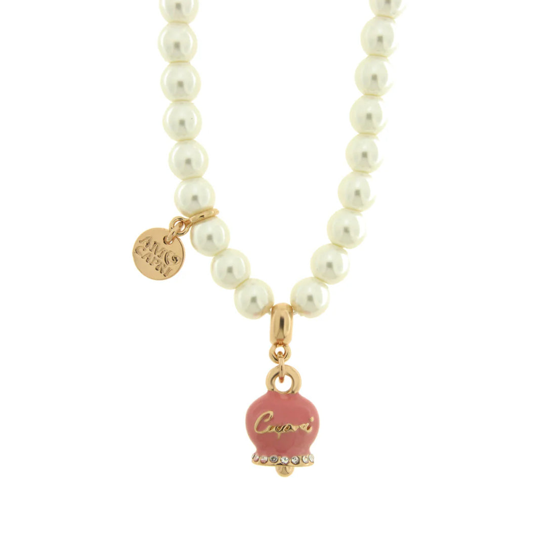 AMO CAPRI - Collana in Metallo con perle e campanella rosa con scritta Capri