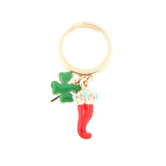 AMO NAPOLI - Anello in Metallo con ciondoli a forma di corno e quadrigoflio impreziositi da smalti colorati