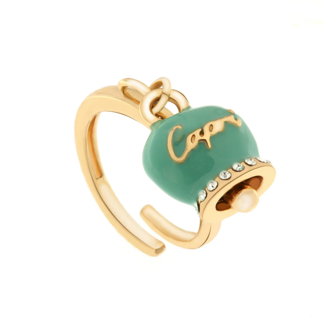AMO CAPRI Anello in Metallo con campanella portafortuna color verde marino, con scritta Capri a rilievo e cristalli bianchi