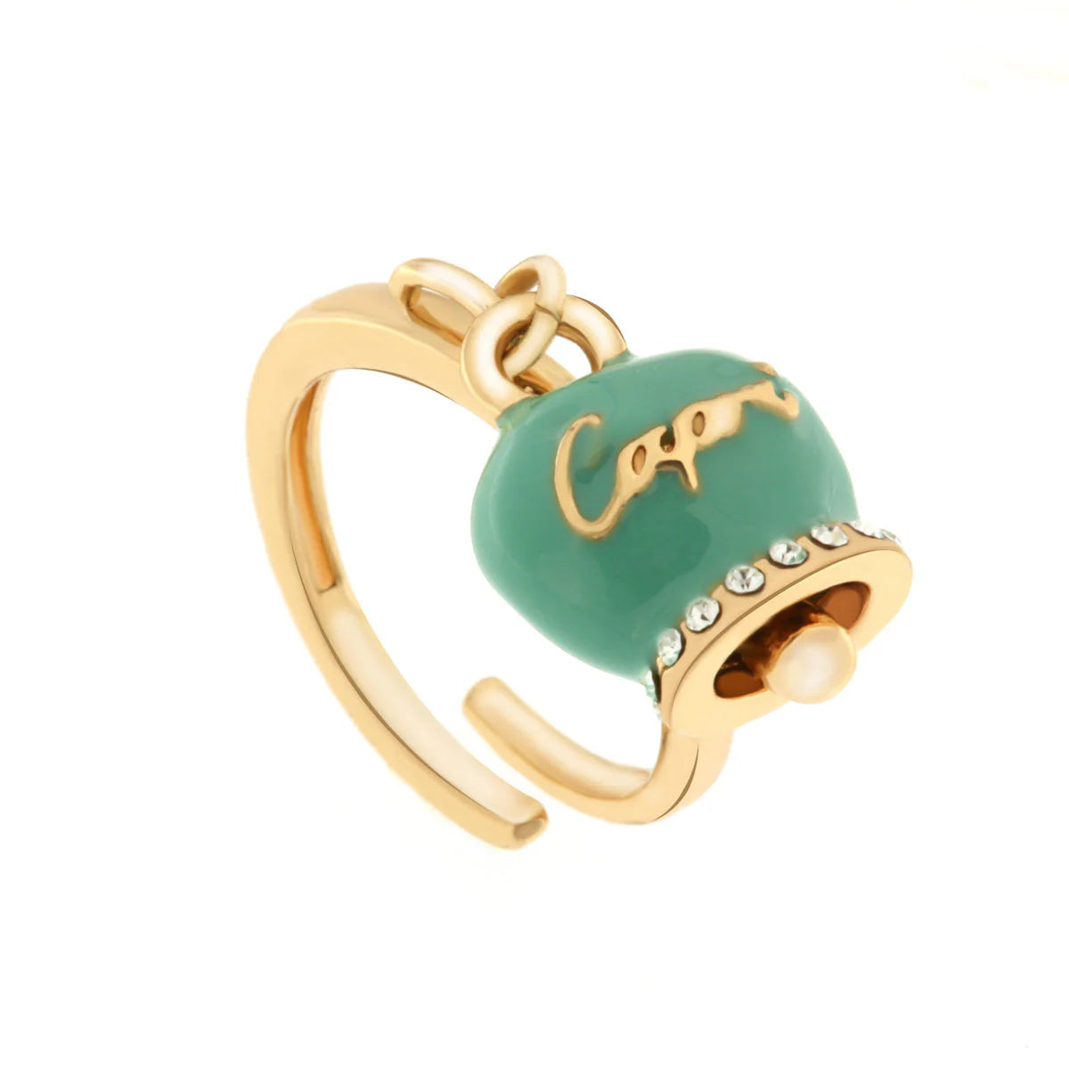 AMO CAPRI Anello in Metallo con campanella portafortuna color verde marino, con scritta Capri a rilievo e cristalli bianchi
