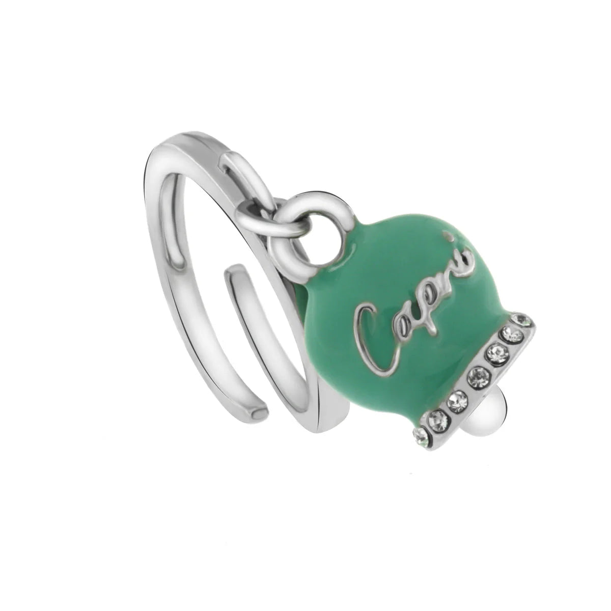 AMO CAPRI - Anello in Metallo con campanella portafortuna color verde acqua, con scritta Capri a rilievo e cristalli bianchi