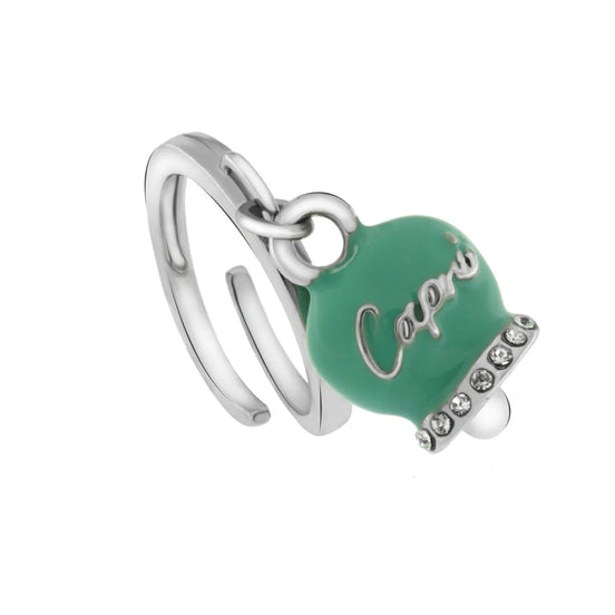 AMO CAPRI - Anello in Metallo con campanella portafortuna color verde acqua, con scritta Capri a rilievo e cristalli bianchi
