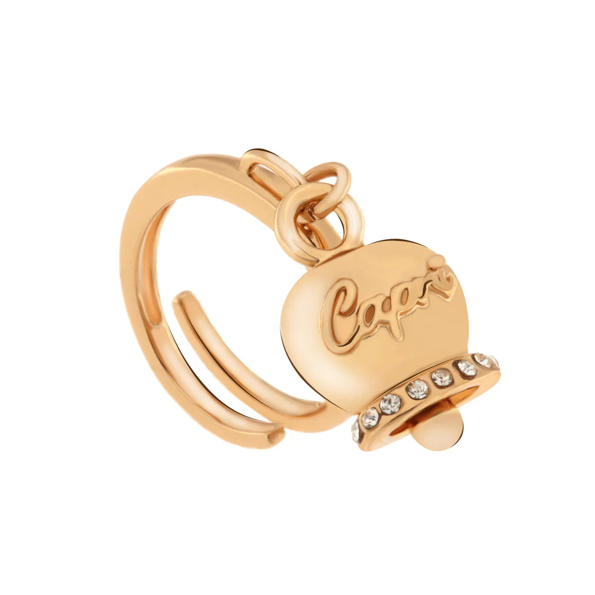 Anello in Amo Capri - Metallo con campanella portafortuna pendente impreziosita da cristalli e scritta Capri a rilievo