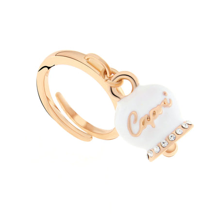 AMO CAPRI - Anello in Metallo con campanella portafortuna pendente impreziosita da smalto bianco e cristalli