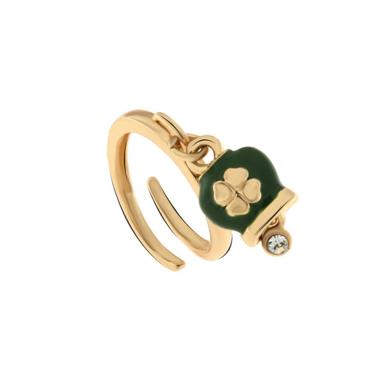 AMO CAPRI - Anello in Metallo con campanella portafortuna verde con quadrifoglio