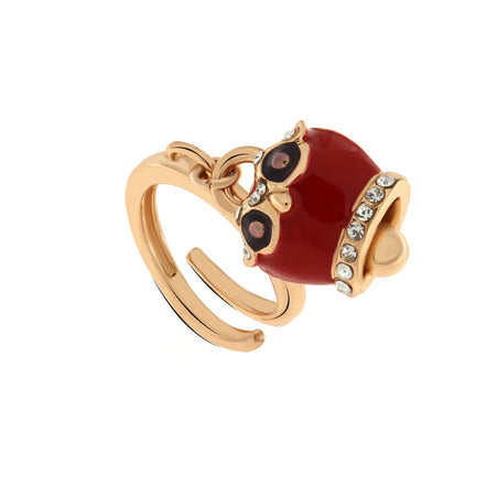 AMO CAPRI - Anello in Metallo con campanella portafortuna a gufo impreziosita da smalto rosso e nero e cristalli bianchi