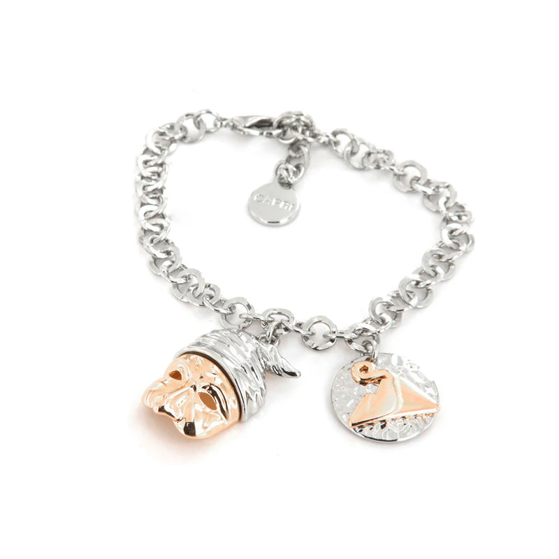 AMO NAPOLI - Bracciale in Metallo con maschera pulcinella pendente e medaglia con vesuvio