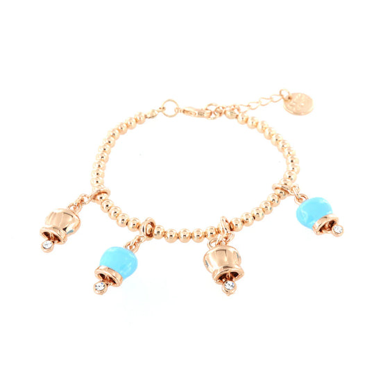 Amo Capri - Bracciale in Metallo maglia sfere, con ciondoli campanelle portafortuna, impreziosite da smalto turchese e cristalli