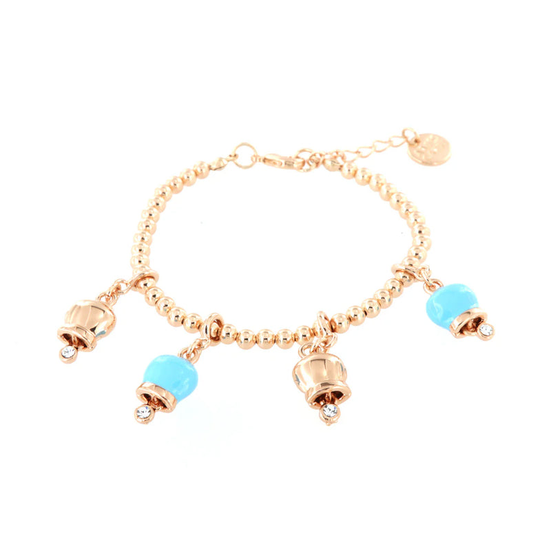 Amo Capri - Bracciale in Metallo maglia sfere, con ciondoli campanelle portafortuna, impreziosite da smalto turchese e cristalli