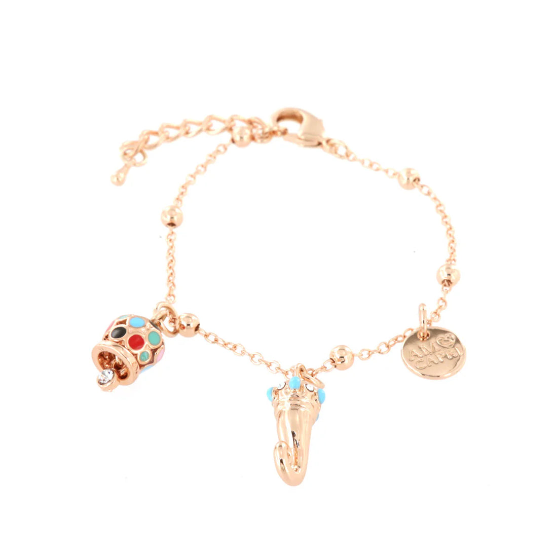 AMO CAPRI - Bracciale in Metallo campanella e corno pendenti impreziositi da smalti colorati