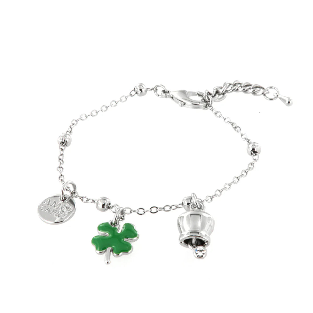 AMO CAPRI - Bracciale in Metallo con campanella e quadrifoglio in smalto verde