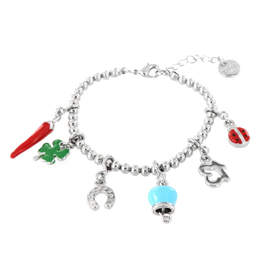 AMO CAPRI - Bracciale in Metallo con corno napoletano, quadrifoglio, coccinella, campana capri
