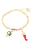 AMO CAPRI - Bracciale in Metallo con ciondoli portafortuna, campanella smaltata verde e corno in smalto rosso