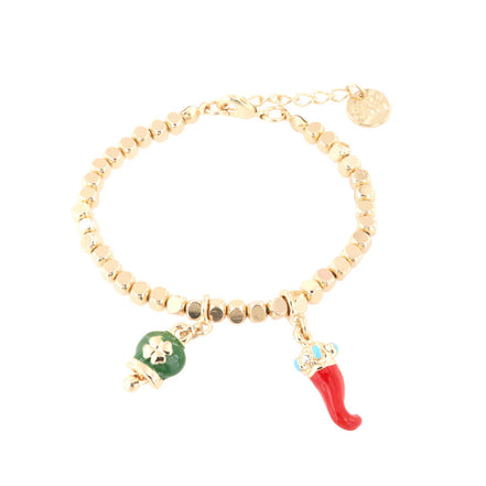 AMO CAPRI - Bracciale in Metallo con ciondoli portafortuna, campanella smaltata verde e corno in smalto rosso