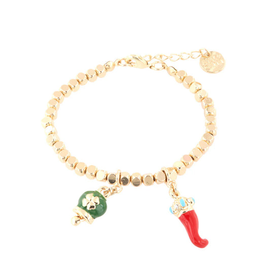 AMO CAPRI - Bracciale in Metallo con ciondoli portafortuna, campanella smaltata verde e corno in smalto rosso