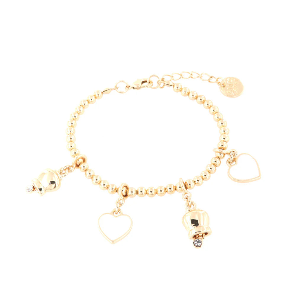 AMO CAPRI - Bracciale in Metallo multi ciondoli a forma di campanella e cuori in smalto bianco