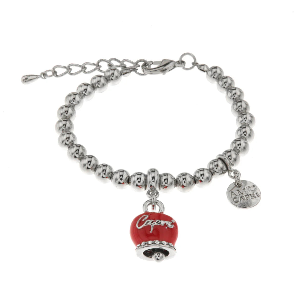 AMO CAPRI - Bracciale in Metallo maglia a sfere con campanella rossa con scritta Capri e cristalli bianchi