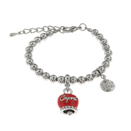 AMO CAPRI - Bracciale in Metallo maglia a sfere con campanella rossa con scritta Capri e cristalli bianchi