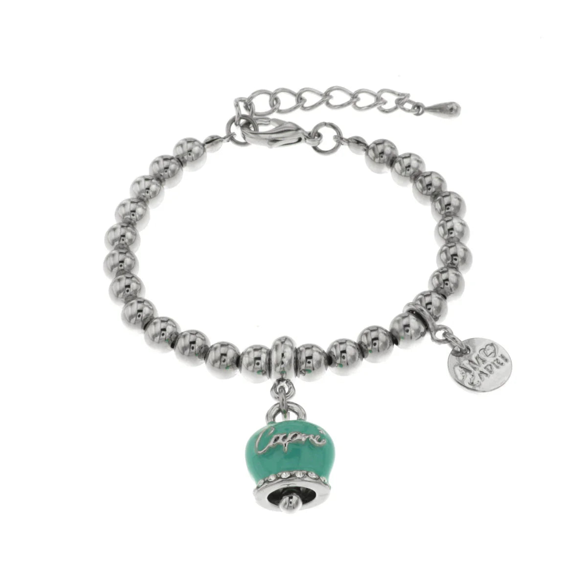 AMO CAPRI - Bracciale in Metallo con campanella pendente verde marino con scritta Capri