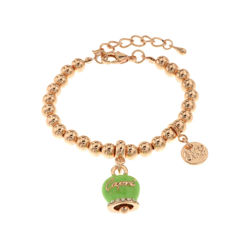 Amo Capri - Bracciale in Metallo con campanella portafortuna verde lime, con scritta Capri