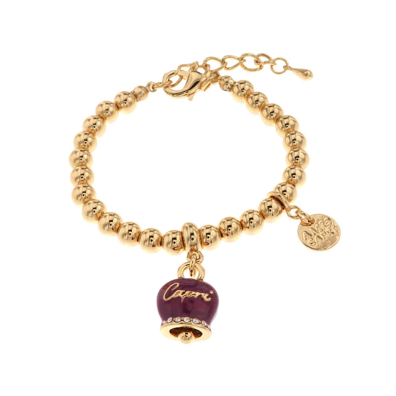 Amo Capri - Bracciale in Metallo con campanella pendente viola con scritta Capri