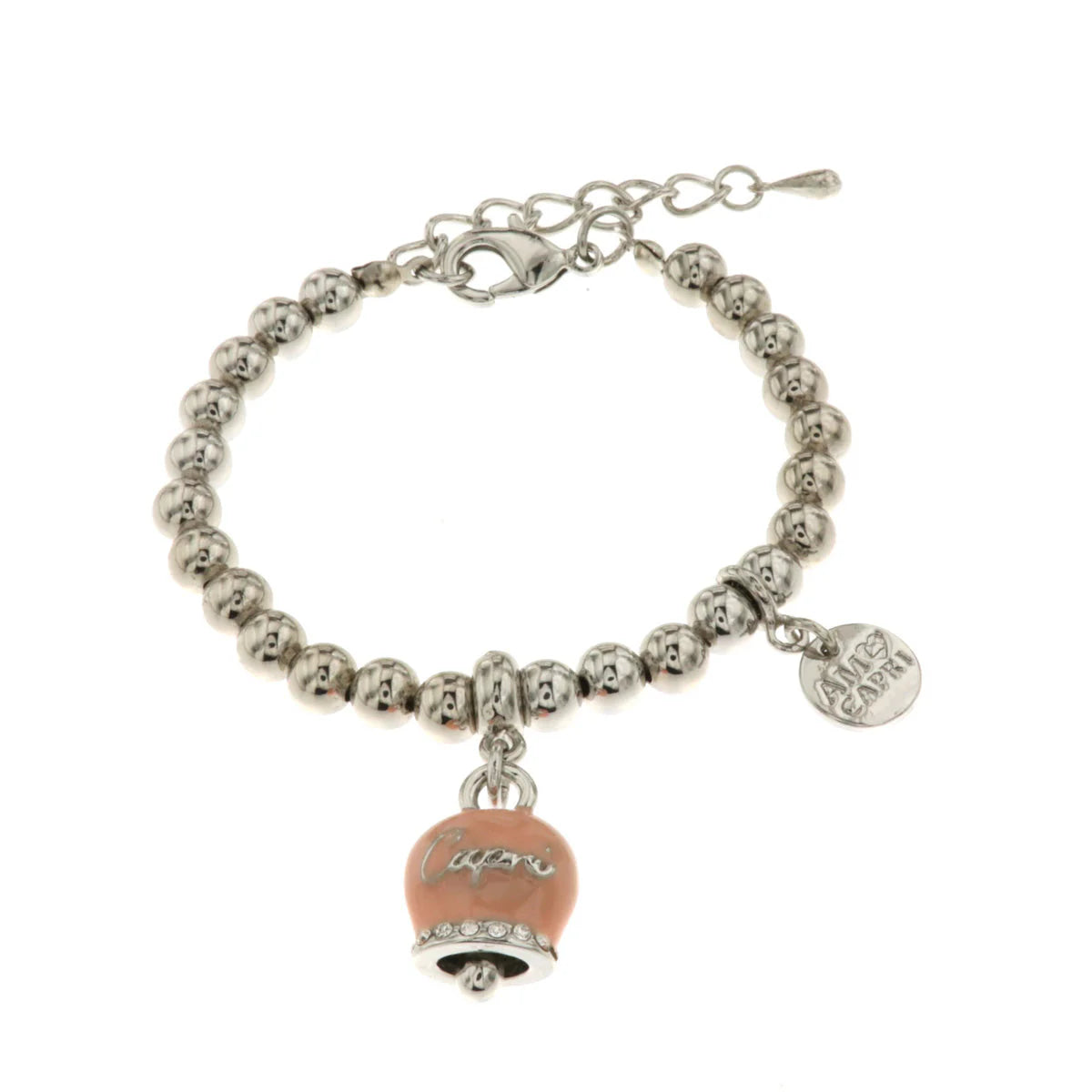AMO CAPRI - Bracciale in Metallo con campanella portafortuna rosa antico, con scritta Capri