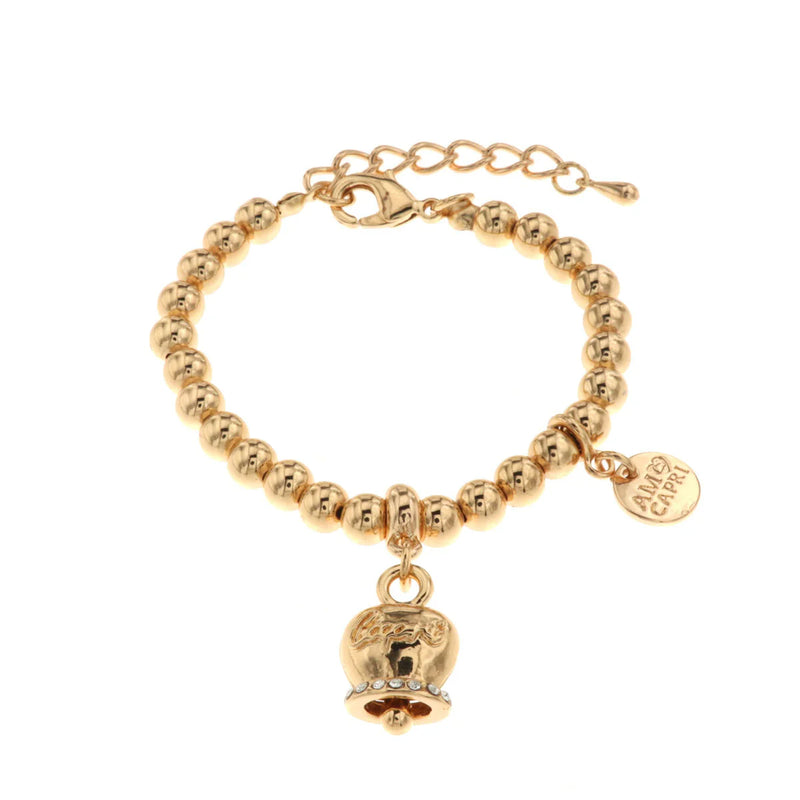 AMO CAPRI - Bracciale in Metallo maglia a sfera, con campanella portafortuna, con scritta Capri a rilievo e cristalli bianchi