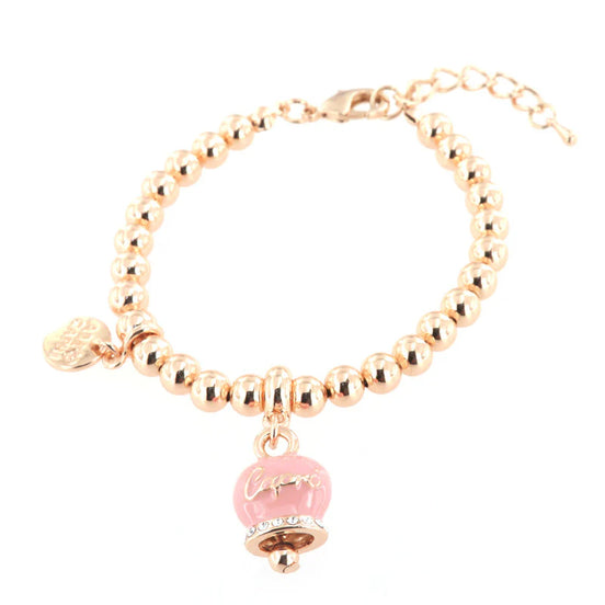 Amo Capri - Bracciale in Metallo maglia a sfere, con campanella scritta capri pendente impreziosita da cristalli e smalto rosa