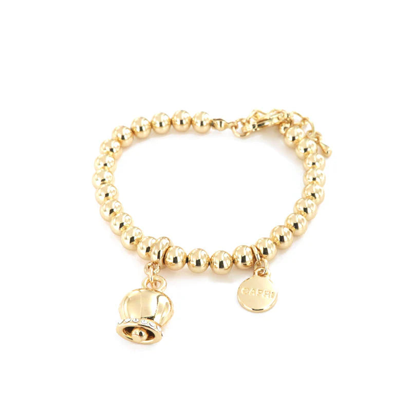 Amo Capri - Bracciale in Metallo maglia a sfere, con campanella portafortuna pendente, impreziosita da cristalli