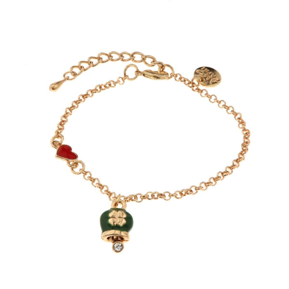 AMO CAPRI - Bracciale in Metallo con cuore e campanella portafortuna verde con quadrifoglio