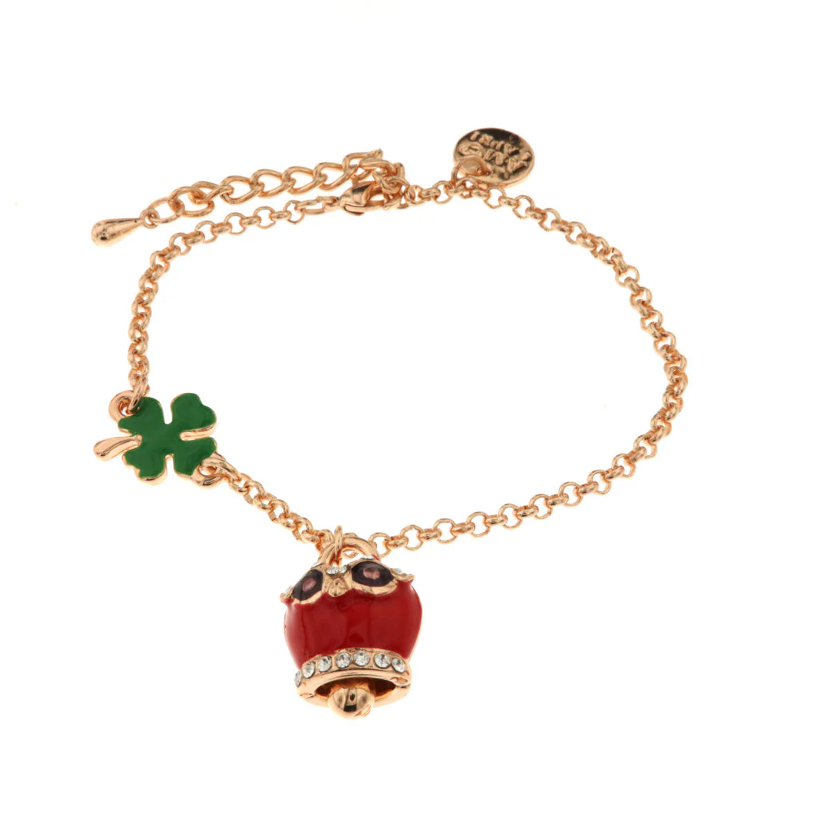 Amo Capri - Bracciale in Metallo con quadrifoglio e campanella portafortuna a gufo con smalto rosso e cristalli bianchi