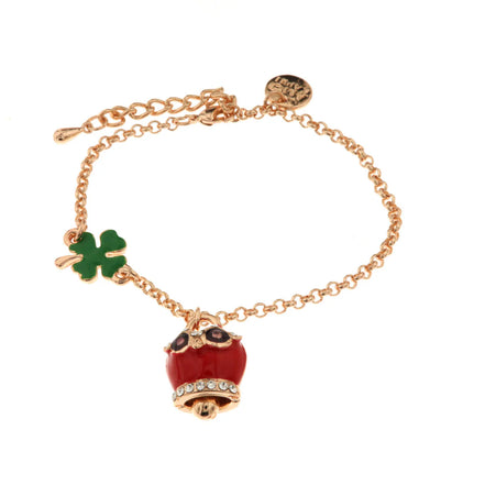 Amo Capri - Bracciale in Metallo con quadrifoglio e campanella portafortuna a gufo con smalto rosso e cristalli bianchi