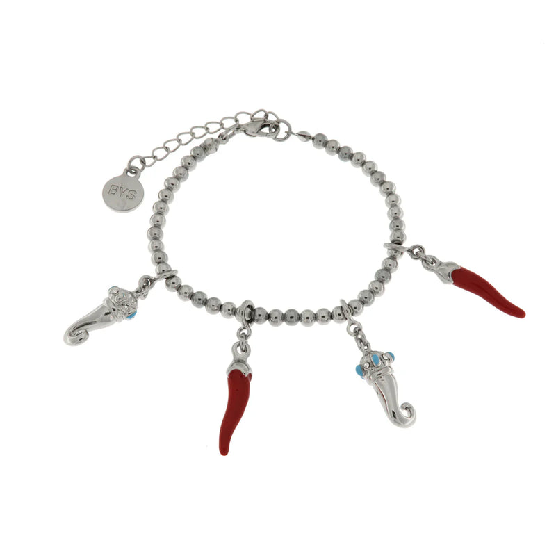 AMO NAPOLI - Bracciale in Metallo con cornetti portafortuna in smalto rosso