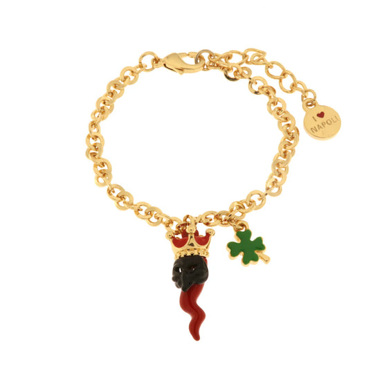 AMO NAPOLI - Bracciale in Metallo con cornetto portafortuna in smalto rosso e quadrifoglio verde