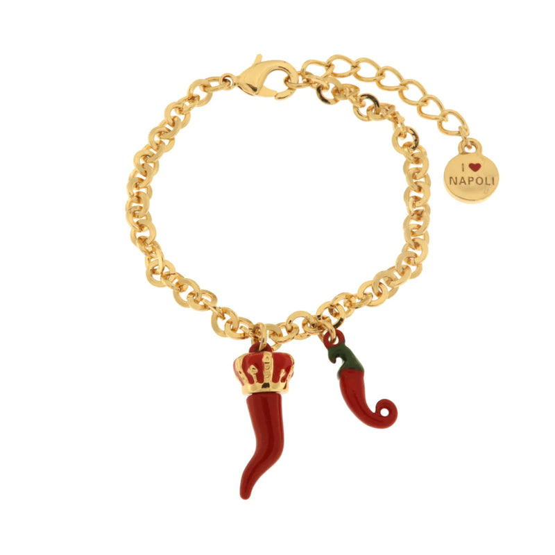 AMO NAPOLI - Bracciale in Metallo con cornetti portafortuna in smalto rosso