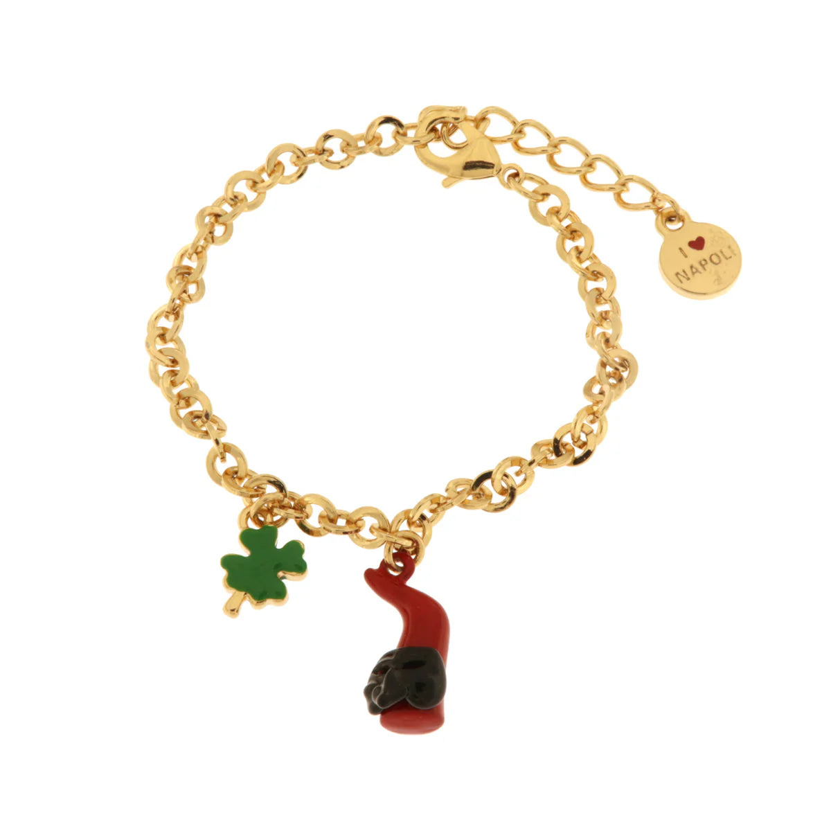 AMO NAPOLI - Bracciale in Metallo con cornetto portafortuna in smalto rosso e quadrifoglio