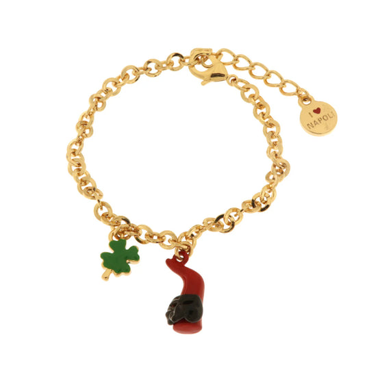 AMO NAPOLI - Bracciale in Metallo con cornetto portafortuna in smalto rosso e quadrifoglio